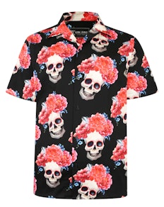 KAM Rose Skull Print Short Sleeve Shirt With Satin Finish Black